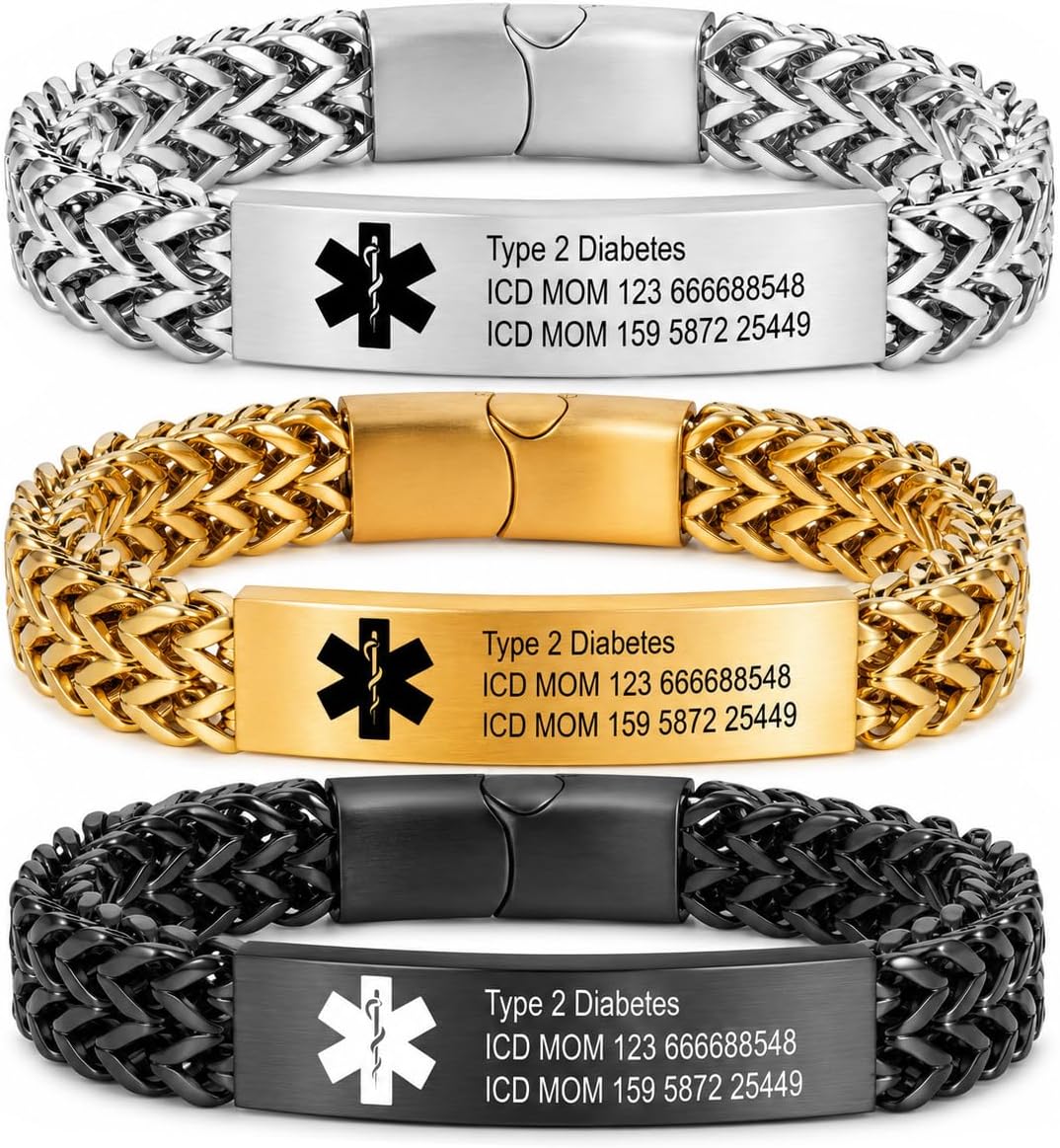Personalised Engraved Emergency Medical Alert Bracelet for Men Women Custom Medical ID Bracelets with Laser Text Health Conditions for Autism Allergy Diabetic Epilepsy 18-22 CM Chain Black Silver Gold
