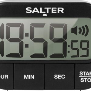 Salter 355 BKXCDU Digital Kitchen Timer – LCD Display, Loud Clock Timer, Magnetic Cooking Stopwatch, Self Standing, Count Up Or Down,19 Hours 59 Minutes and 59 Seconds, Memory Function, Large Buttons