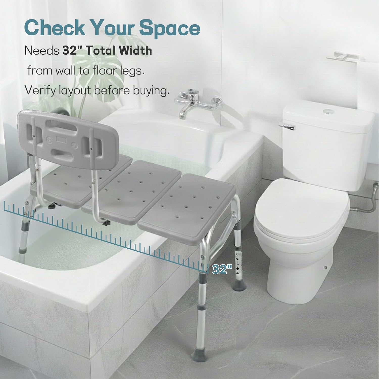 Tub Transfer Bench w/Backrest for Bathtub, Height Adjustable Shower Chair - Image 3