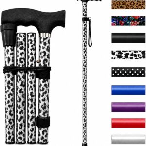 Life Healthcare Folding Walking Stick, Adjustable Cane, Black Leopard