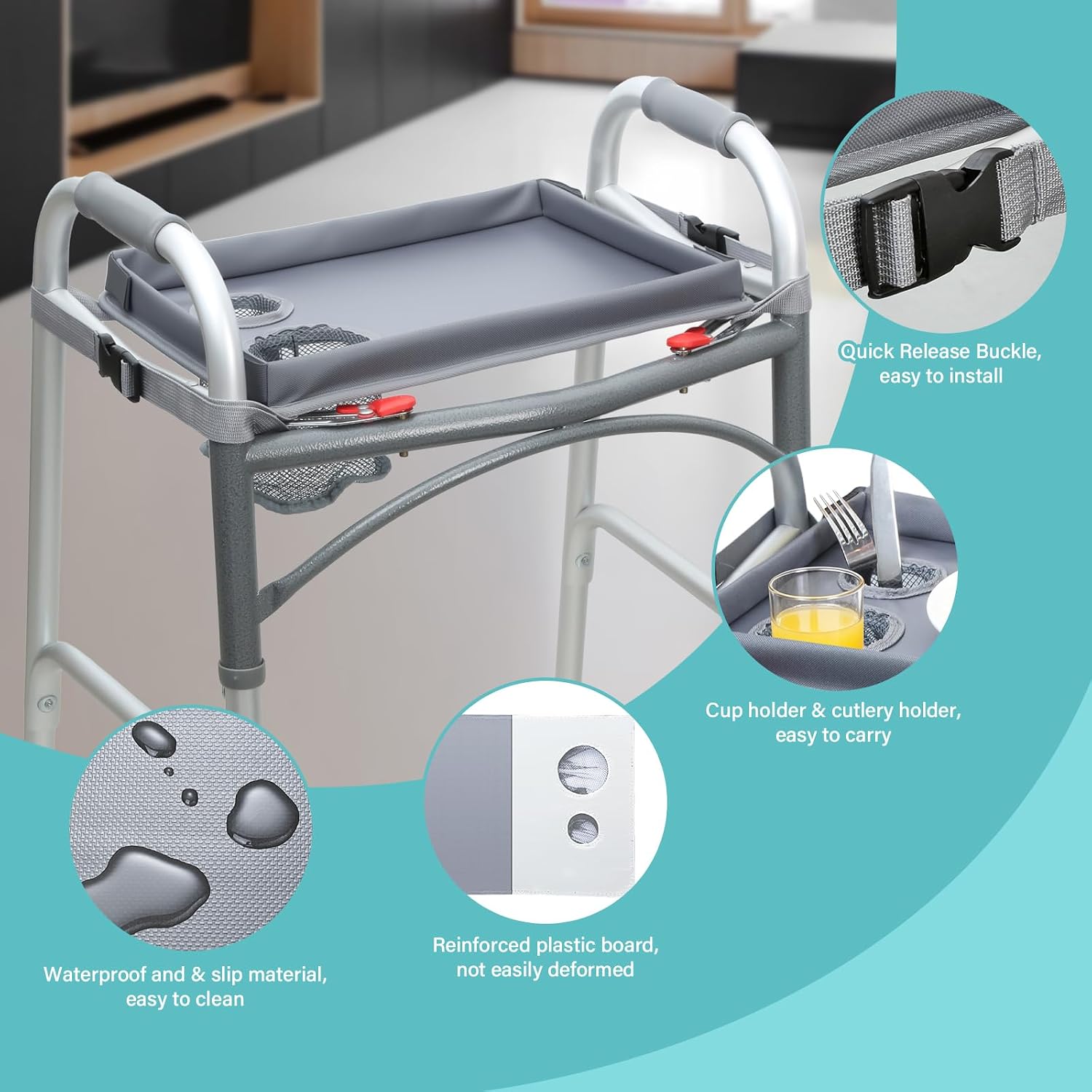 Detachable Walker Tray with Cup Holder, Rolling Folding Walker Accessory for Elderly, Gray Without Pockets with Baffles - Image 4