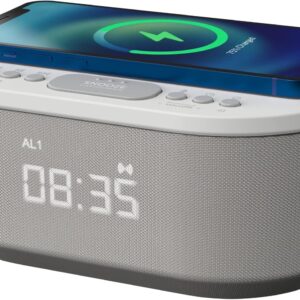 i-box Alarm Clocks Bedside, Alarm Clock with Wireless Charging, Bluetooth Speaker, Radio Alarm Clock, Fast Qi Wireless Charger, Mains Powered, FM Radio, USB Charging Port, Dimmable, Non Ticking