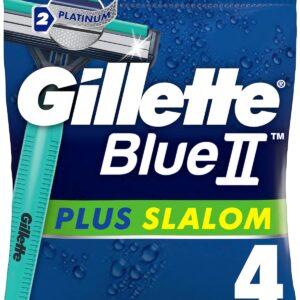 Gillette Blue II Plus Slalom Disposable Razors x4, Two Platinum-Coated Blades, Water-Activated Lubrication Strip, Easy-Grip Handle, Pivoting Head, 5x Close Smooth Shaves