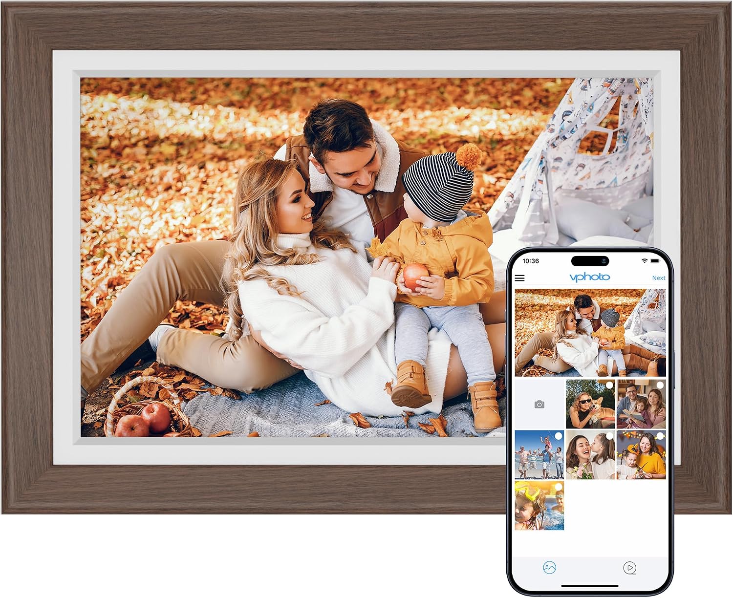 Dragon Touch Digital Photo Frame WiFi 10 inch IPS Touch Screen Digital Pictuer Frame Display, 32GB Storage, Auto-Rotate, Share Photos via App, Email, Cloud, Classic 10 Brown