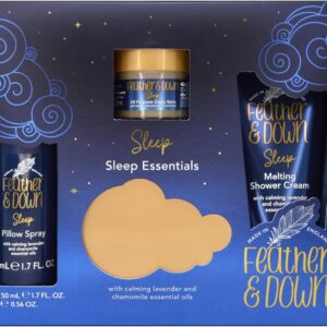 Feather & Down Sweet Dream Sleep Essentials Gift Set (50ml Pillow Spray, 50ml Melting Shower Cream, 16g All-Purpose Sleep Balm & 50ml Sleep Butter) – Cruelty Free & Vegan Friendly.