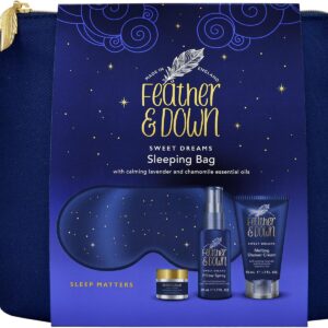 Feather & Down Sleeping Bag Gift Set (luxury eye mask, sleep balm, pillow spray and shower cream) – relaxation gift with calming lavender & chamomile essential oils perfect for Mothers Day