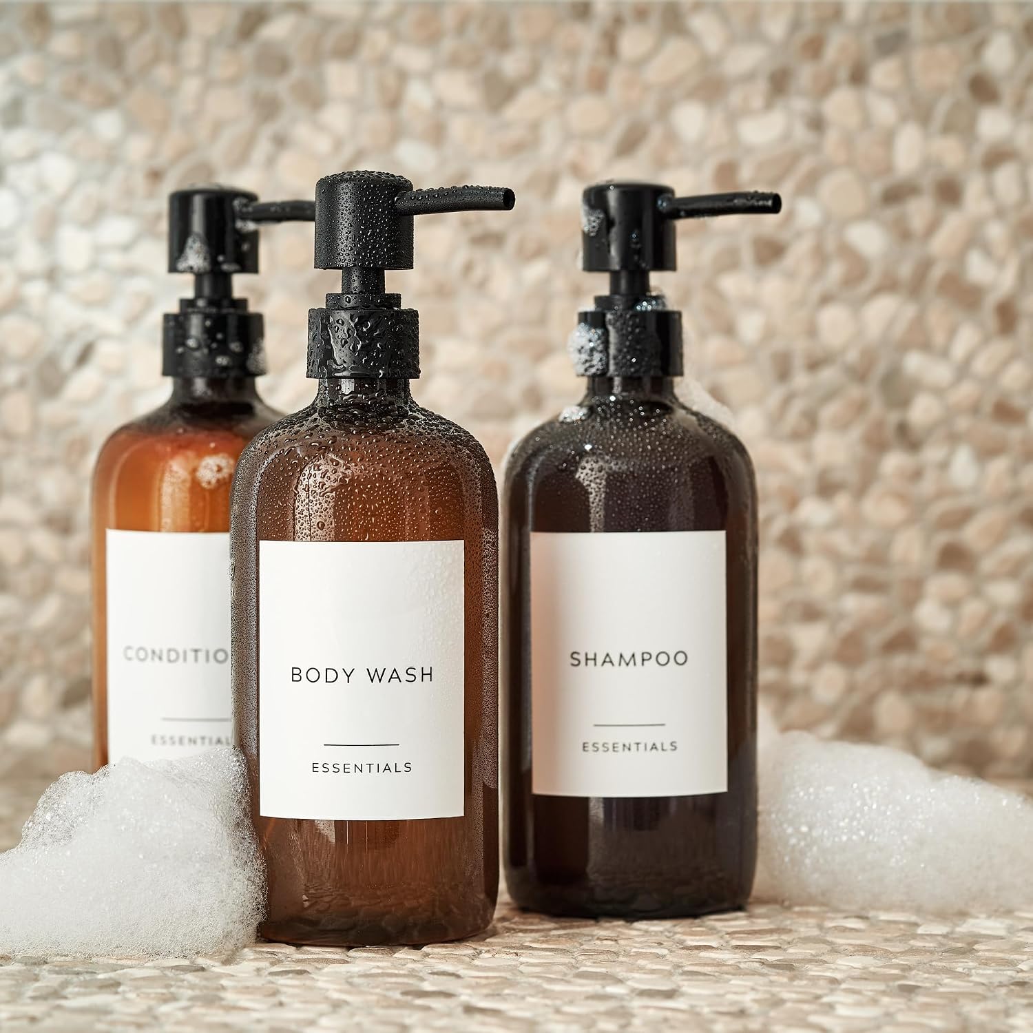 Stylish Shampoo and Conditioner Dispenser, Set of 3, Modern 600ml Shower Soap, PET Bottles with Pump and Labels, Easy to Fill Shower Wash Dispenser for Instant - Image 2