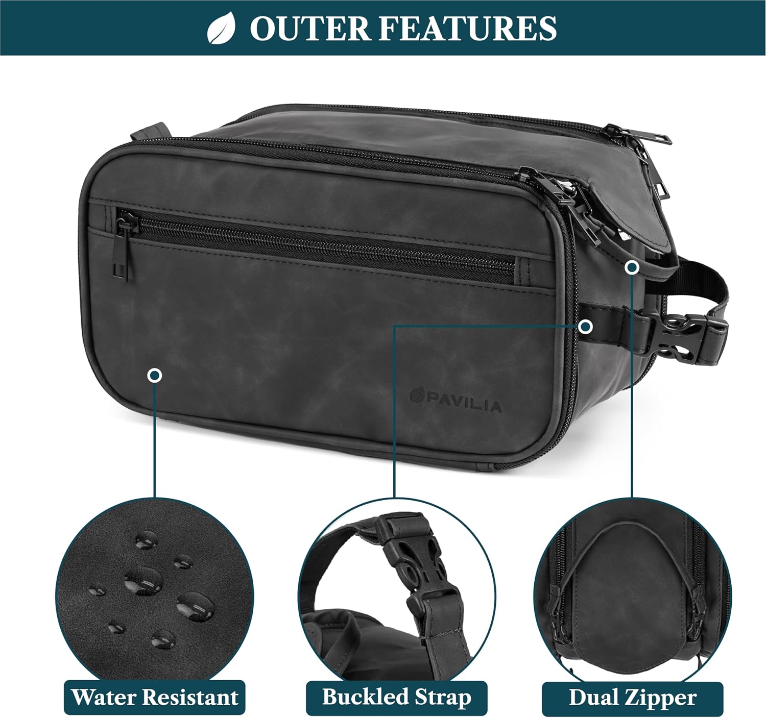 Pavilia Toiletry Bag for Men and Women, Personal Care Organizer Bag, Travel Essential Shaving Kit, Water Resistant Synthetic Leather Cosmetic Bag, Black, Black/Black, Large, Urban - Image 5