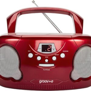 Groov-e Original Boombox – Portable CD Player with Bluetooth, Radio, 3.5mm Aux Port, & Headphone Socket – LED Display, 2 x 1.2W Speakers – Battery or Mains Powered – Red