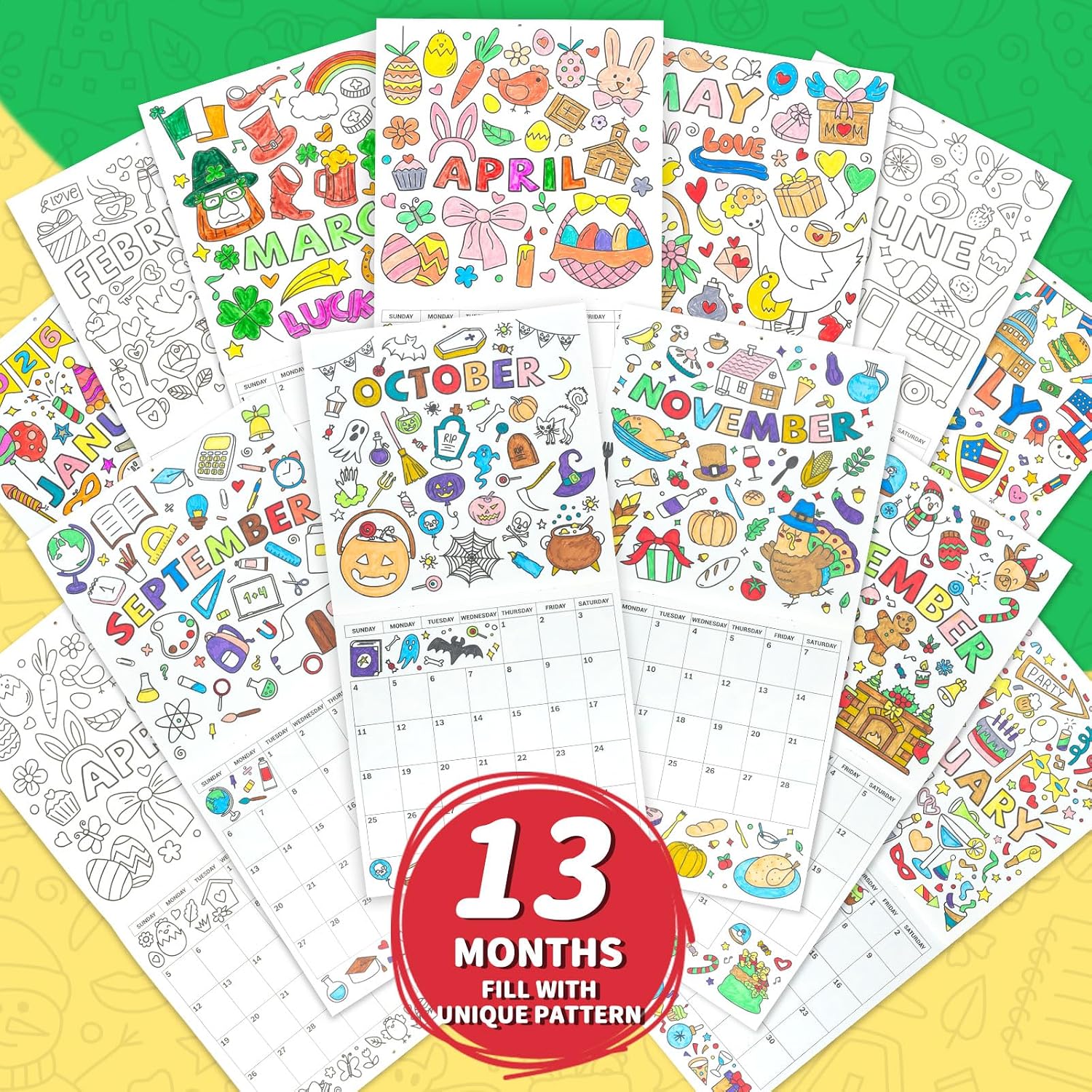 Coloring Calendar 2026, DIY Wall Calendar 12 Months, Art Activity for Kids - Image 2