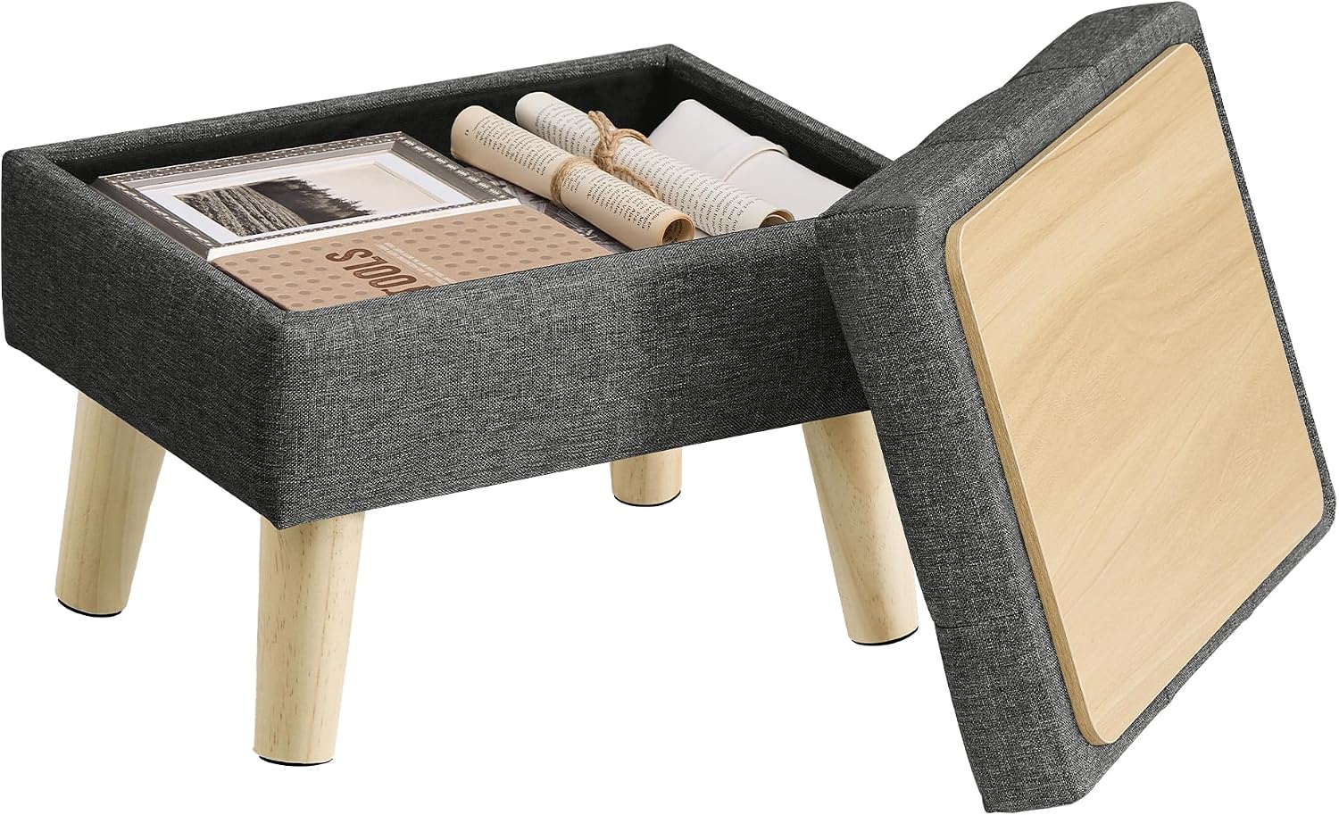 SONGMICS Storage Ottoman, Foot Stool, Ottoman with Padded Seat, Foot Rest with Wood Legs, Small Table, for Hallway, Living Room, 30 x 40 x 29 cm, Linen-Look Fabric, Slate Grey LOM517GN02