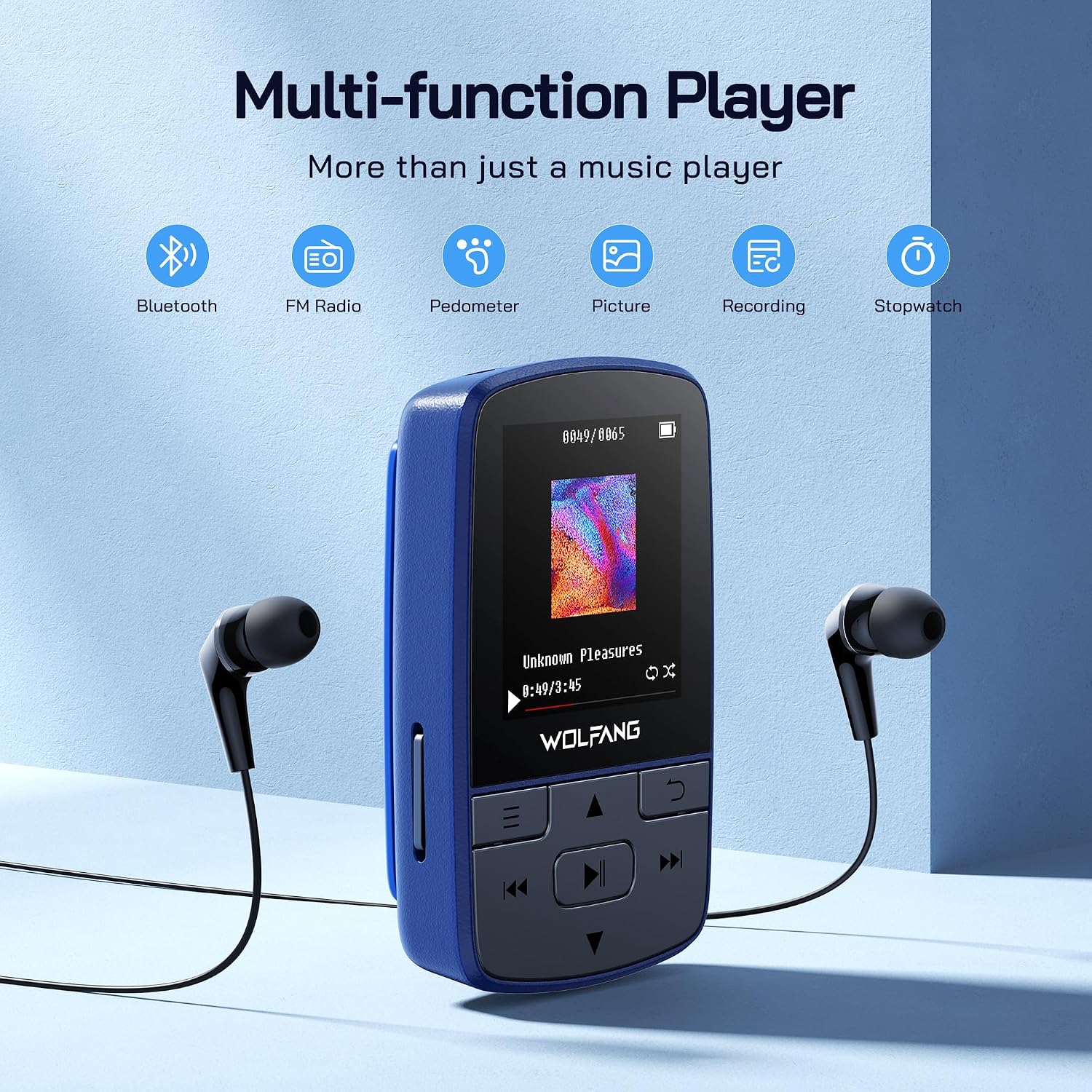 WOLFANG MP3 Player with Bluetooth 5.2, Sports Clip, Mini Size, 28g Lightweight, HiFi Lossless Sound, FM Radio, Voice Recorder, Wired Earphones Included (Blue) - Image 2