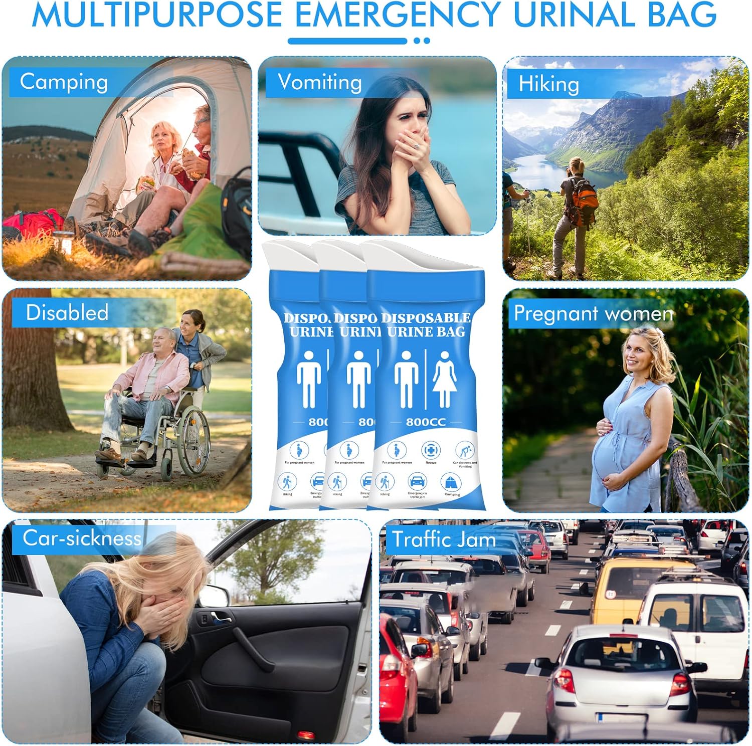 DIBBATU Urine Bag,12 PCS 800ML Disposable Urinal Bag for Travel, Emergency Portable Pee Bag and Vomit Bags, Unisex Urinal Bag as Toilet Bag Suitable for Camping, Traffic Jams, Pregnant, Patient, Kids - Image 2