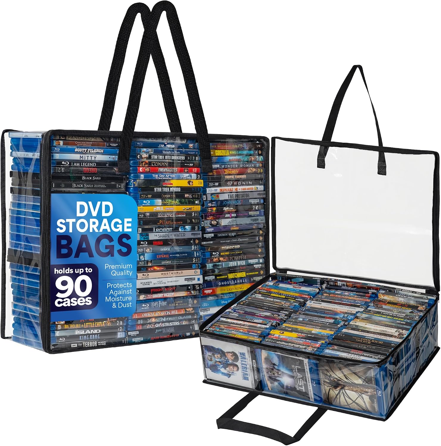 Besti Blu Ray Case Holder Organizer, Set of 2 Clear Plastic Bags with Handles for Storing Blurays, DVDs, CDs, Storage Bags for Video Game Cases, Holds Up to 90 Bluray and 60 DVD Cases (Black)