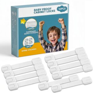 Child Safety Cupboard Locks 10 Pack, 4 Extra Adhesive Pads, Child Locks for Kitchen Cupboards, Cabinets, Fridges, Drawers and Appliances, No-Tools Needed