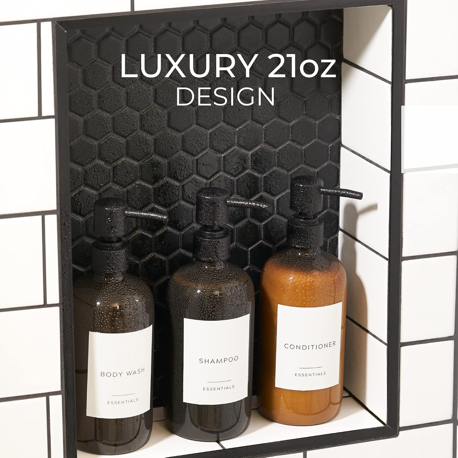 Stylish Shampoo and Conditioner Dispenser, Set of 3, Modern 600ml Shower Soap, PET Bottles with Pump and Labels, Easy to Fill Shower Wash Dispenser for Instant - Image 3
