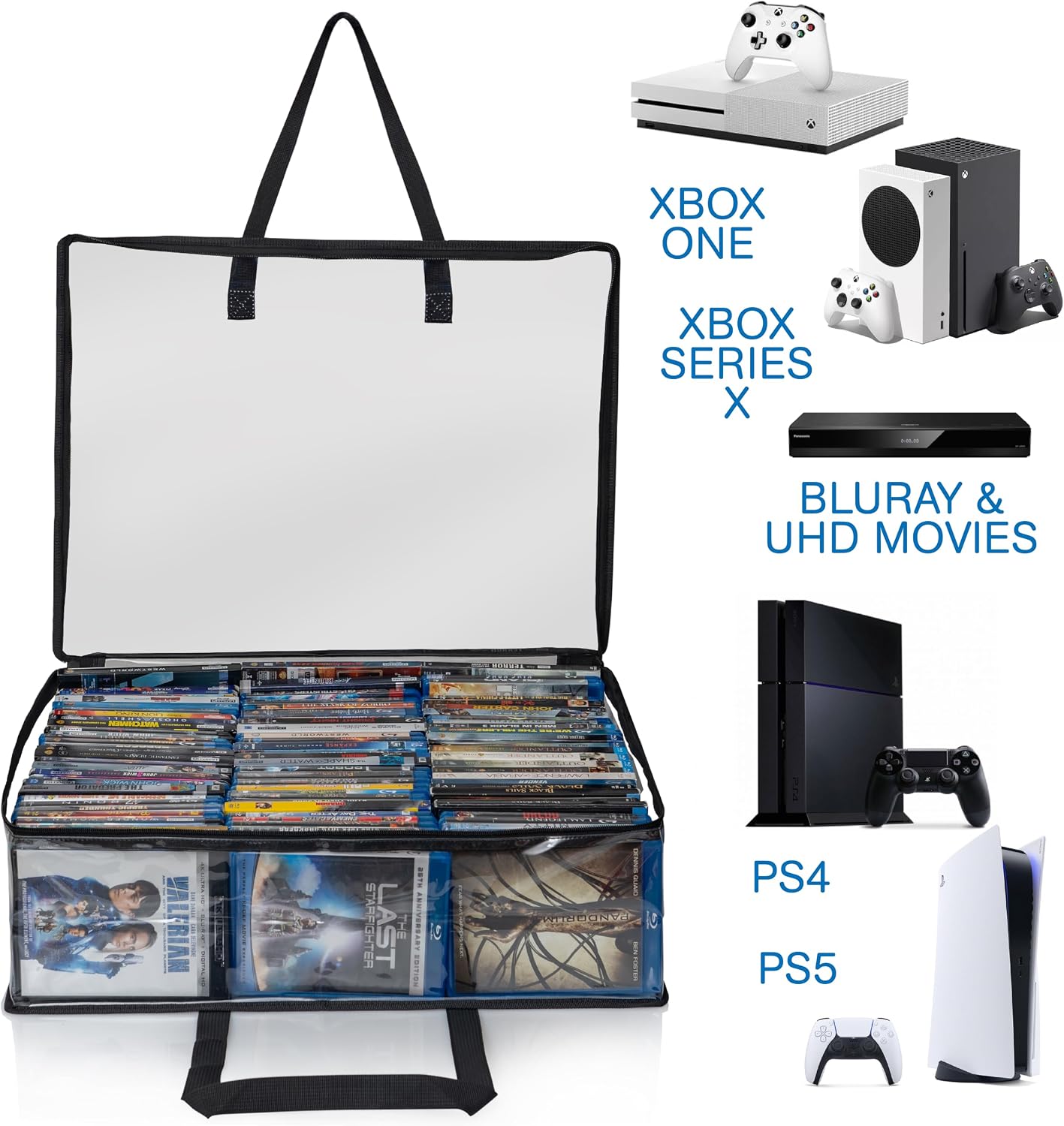 Besti Blu Ray Case Holder Organizer, Set of 2 Clear Plastic Bags with Handles for Storing Blurays, DVDs, CDs, Storage Bags for Video Game Cases, Holds Up to 90 Bluray and 60 DVD Cases (Black) - Image 2
