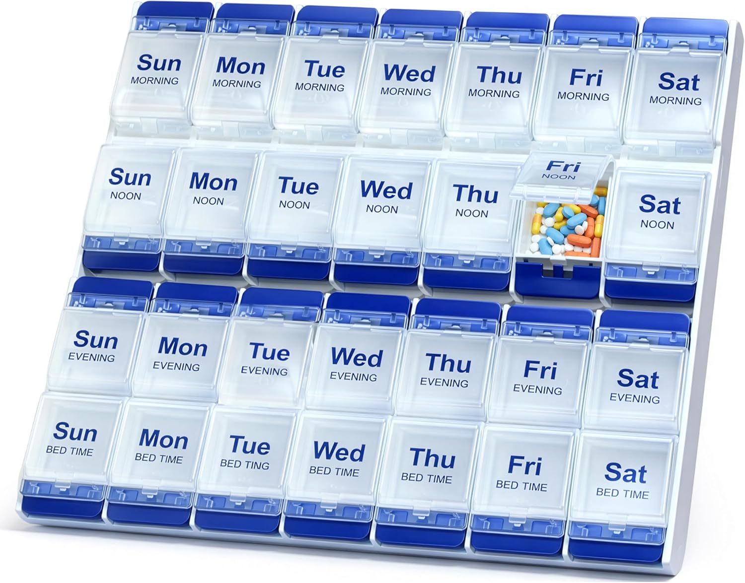 7 Day Pill Organizer – 4 Times a Day Push Button Pill Box with Large Compartments, Easy Open for Seniors & Arthritis, Compact, Spill-Proof, Perfect for Home & Travel