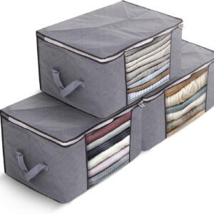Delka 90L Storage Bags with Lids, Large Storage Boxes with lids, Storage Unit for Clothes, Duvets, Blankets, Toys, Pack of 3 Foldable Organizers with Reinforced Handles and Clear Window – Grey