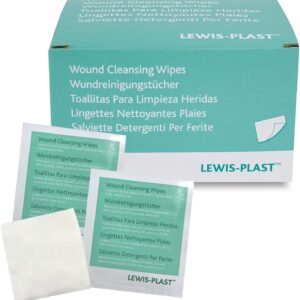Lewis-Plast Premium Saline Sterile First Aid Alcohol Free Wipes – Box of 100 Antiseptic Antibacterial Medical Grade Cleaning Wipe for Wound, Cleansing Area Before Injection and Piercing, Green