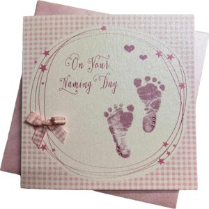 WHITE COTTON CARDS Pink Footprints On Your Naming Day Handmade Naming Day Card, White, BD69