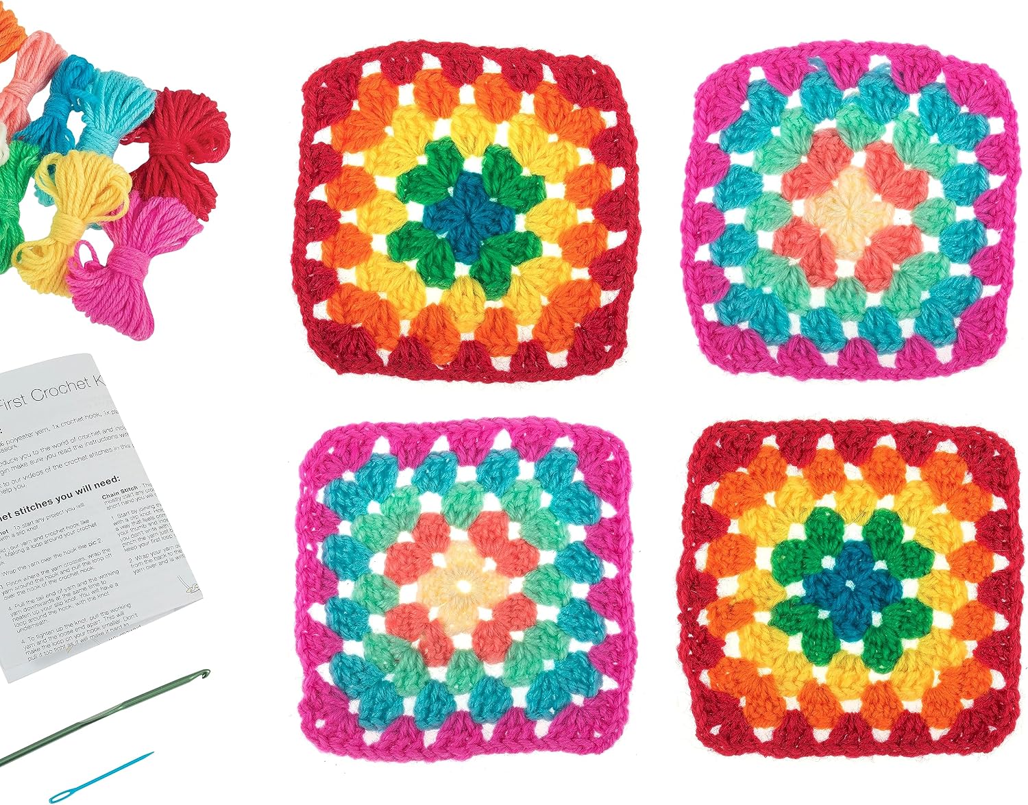 Trimits 'My First' Beginner Knitting Kit - Starter Kit Including Yarn, Hook, Plastic Needle, & Instructions, Beginners Knitting Set Gift - 11 x 11cm, Multicoloured Granny Squares