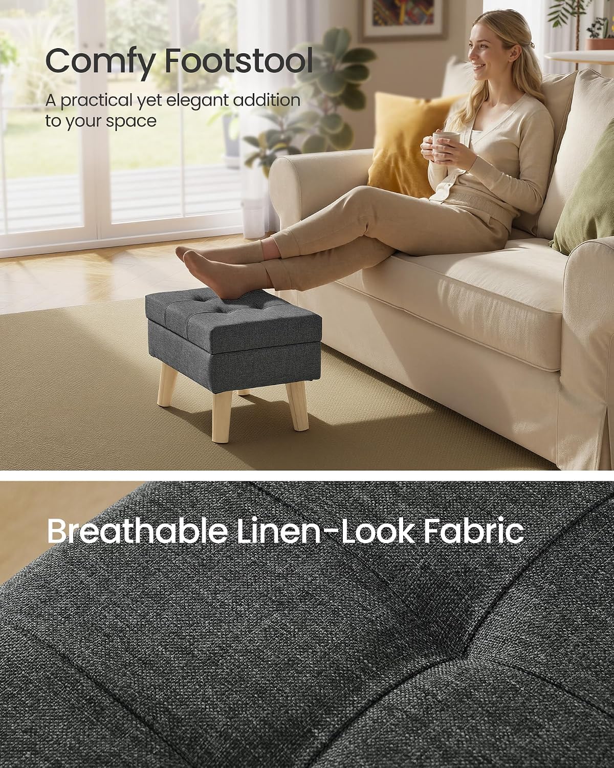 SONGMICS Storage Ottoman, Foot Stool, Ottoman with Padded Seat, Foot Rest with Wood Legs, Small Table, for Hallway, Living Room, 30 x 40 x 29 cm, Linen-Look Fabric, Slate Grey LOM517GN02 - Image 4
