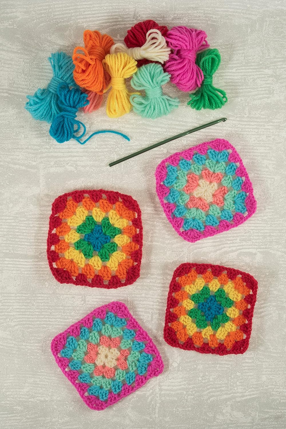 Trimits 'My First' Beginner Knitting Kit - Starter Kit Including Yarn, Hook, Plastic Needle, & Instructions, Beginners Knitting Set Gift - 11 x 11cm, Multicoloured Granny Squares - Image 8