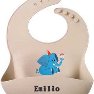 TYRY.HU Personalised Silicone Bibs for Babies & Toddlers Customized Name Soft Waterproof Baby Feeding Bib Adjustable with Wide Food Catcher Pocket