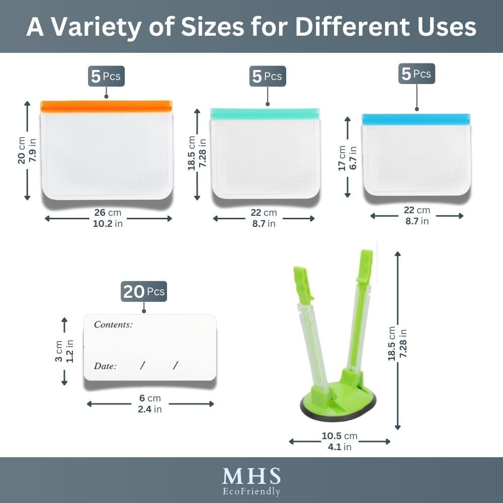 MHSEcoFriendly® Meal Prep Storage Kit – 15 Reusable, Degradable Leakproof Freezer Bags, Baggy Rack & 20 Strong Labels | BPA-Free, Multipurpose Food Storage Solution - Image 2