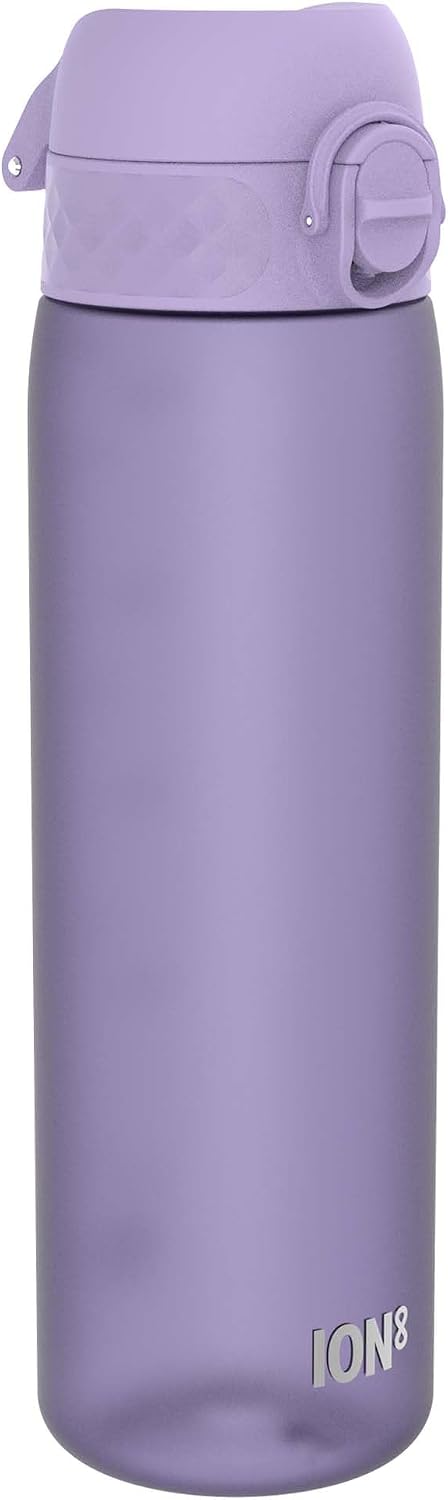 Ion8 Water Bottle, 500 ml/18 oz, Leak Proof, Easy to Open, Secure Lock, Dishwasher Safe, BPA Free, Hygienic Flip Cover, Carry Handle, Fits Cup Holders, Easy Clean, Carbon Neutral, Purple