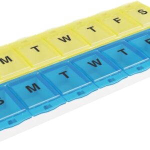 EZY DOSE Pill Organizer Weekly AM/PM (7-Day), Medicine Planner, Vitamin Case/Box, 2X-Large Locking Compartments to Secure Prescription and Prevent Accidental Spilling, Blue and Yellow, BPA Free