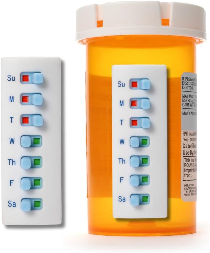 2 Pack Medication Tracker and Reminder, Take-n-Slide Reusable Pill Tracker, Attach to Your Bottle 7 Day Medicine Vitamin Pet Pill Organizer Alternative Medication Aid White