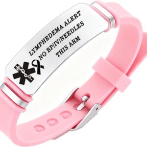 Lymphedema Alert Bracelet Breast Cancer Pink Ribbon no bp no Needles Lymphedema ID Rubber Wristbands for Women,Adjust Silicone Medical Bracelets Ribbon Awareness Gift with Med Card