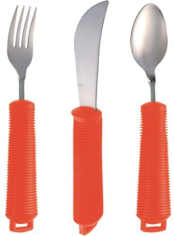 Aidapt Bendable Cutlery Set with a Knife, fork, Spoon and 3x Utensil Straps. Soft grip eating aid, Bend to any angle, Reduce Wrist stress, ideal for those with Arthritis, Limited Grip and Arm Movement