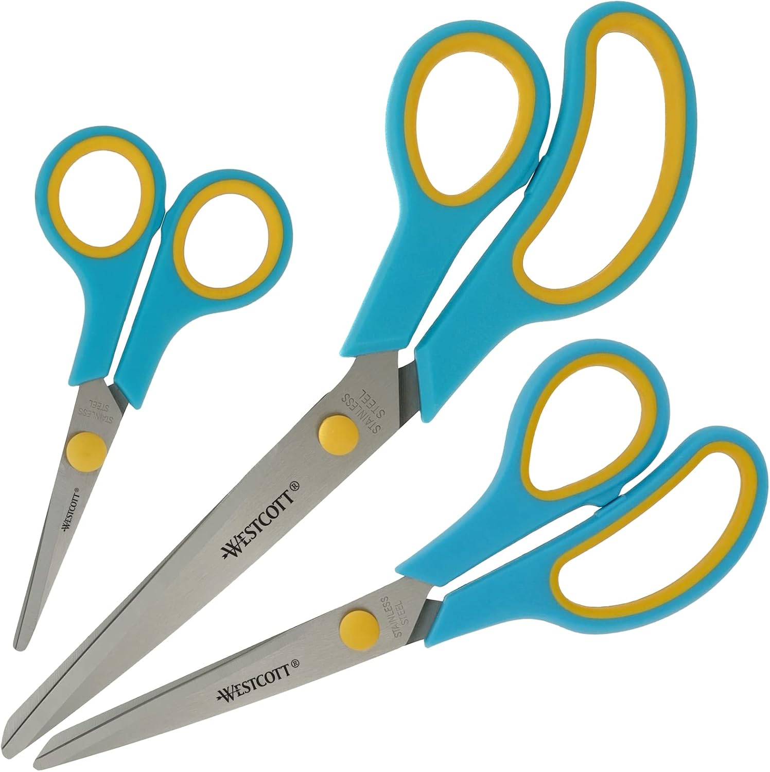 Westcott Easy Grip Scissors 3 Pieces Turquoise | Set of 3 Universal Scissors with Comfort Grip | Extra Sharp & Durable Stainless Steel Blade | N-90028 00