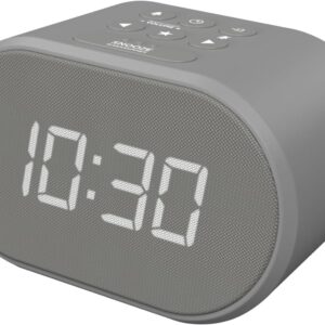 i-box Alarm Clocks Bedside, Radio Alarm Clock, Mains Powered or Battery, FM Radio, USB Charging Port, 5 Step Dimmable Display, Non Ticking, LED Display (Grey)