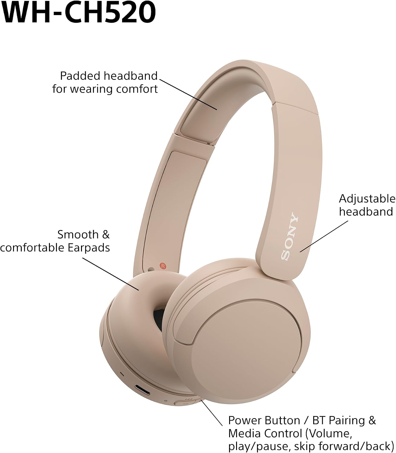 Sony WH-CH520 Wireless Bluetooth On-Ear Headphones, Lightweight Design, Up to 50hr Battery Life, Quick Charge, EQ, Clear Call Quality, iOS & Android - Beige - Image 9