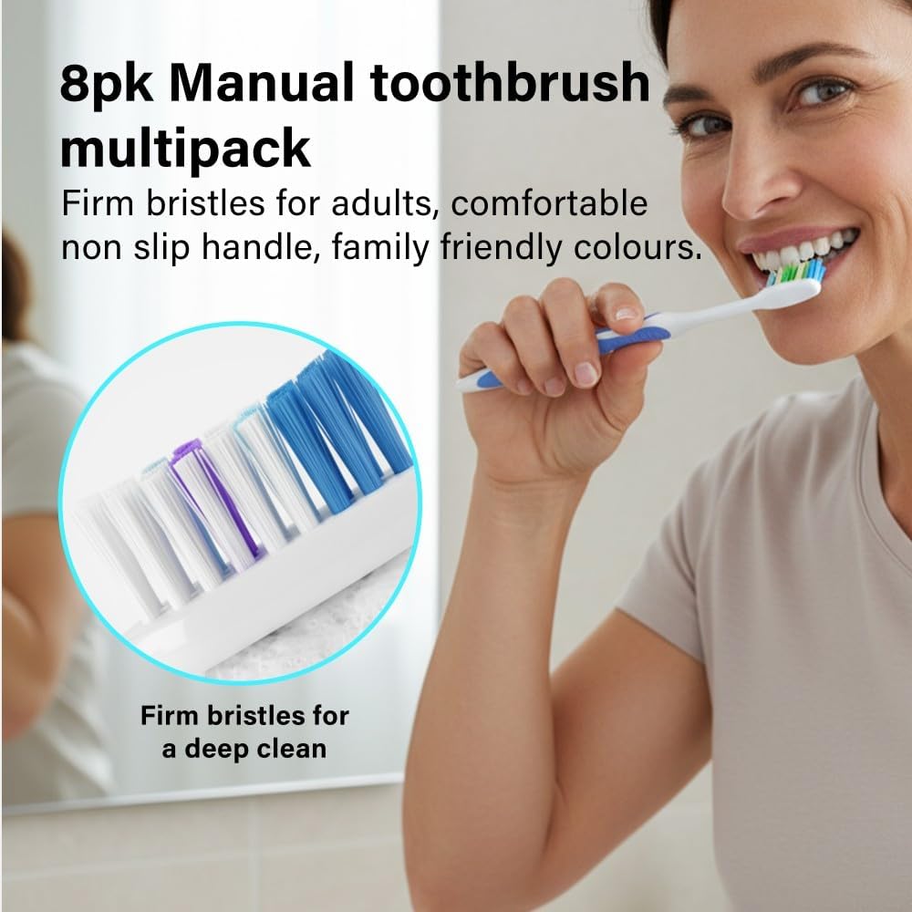 Dr. Fresh 8-Pack Manual Toothbrush Multipack – Firm Bristles for Adults – Non-Slip Comfort Grip Handles – Travel-Friendly, Color-Coded Brushes for Family Use - Image 2