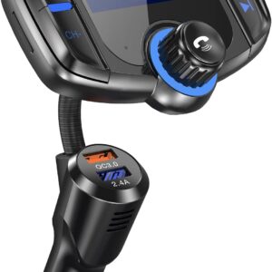 GizmoVine FM Transmitter, Car Bluetooth, Hands Free Car Kit with Sensitive Volume Control Knob and Large Button/ 1.7″ Display/QC Fast Charger, 3 in 1 Music Player Supports Aux & TF Card & USB Disk