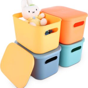 ASelected 4 Pcs Storage Boxes with Lids,Plastic Storage Boxes Kitchen Stackable Storage Baskets for Kitchen, Cupboard, Office, Bathroom, Toy 25.5X18X15.4 cm