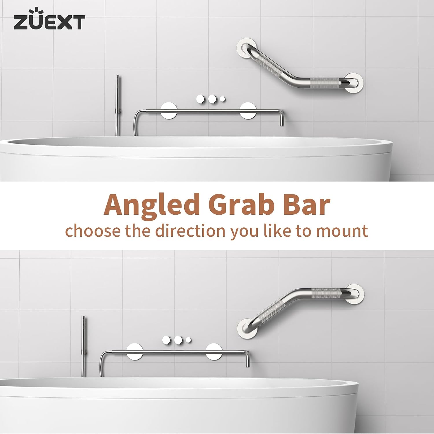 16 Inch Angled Grab Bar 2 Pack, ZUEXT Anti Slip Shower Grab Bar Handles,Chrome Stainless Steel Knurled Bathroom Balance Bar, Safety Hand Rail Support,Handicap Elderly Injury Senior Assist Bath Handle - Image 5