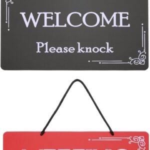 PATIKIL Meeting in Progress Do Not Disturb Door Hanger Sign, PVC Double Sided Welcome Please Knock Door Sign Decor for Office, Meeting, Session, Home, Recording, Red Black, 12″ x 8″