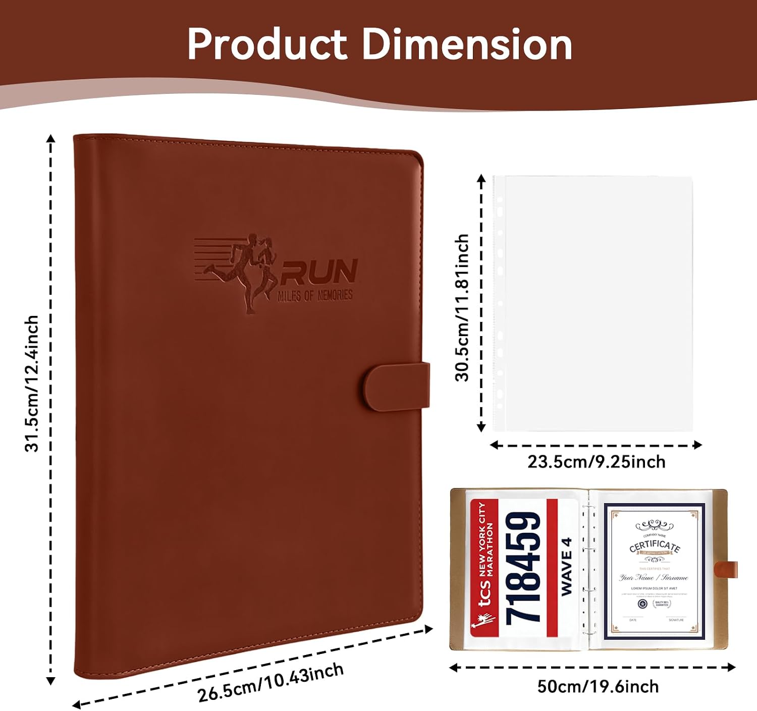 Race Bib Album with 40 Protective Sleeves, Runner's Bib Number Organizer, Brown Leather - Image 3