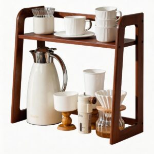 Natural Bamboo Coffee Station Organizer, 2-Tier Wooden Kitchen Counter Shelf for Bar Accessories, Multi-Functional Countertop Storage Rack for Syrup Bottles & Coffee Essentials (Dark Brown)