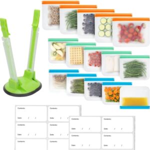 MHSEcoFriendly® Meal Prep Storage Kit – 15 Reusable, Degradable Leakproof Freezer Bags, Baggy Rack & 20 Strong Labels | BPA-Free, Multipurpose Food Storage Solution