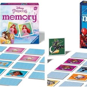 Ravensburger Disney Princess Mini Memory Game & Marvel Spiderman Mini Memory Game – Matching Picture Snap Pairs Game For Kids Age 3 Years and Up
