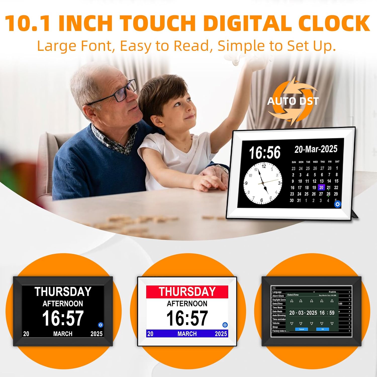 10.1" Touchscreen Digital Calendar Alarm Clock, Dementia Clocks for Seniors Extra Large Display Clock with Day and Date for Elderly, 40 Reminders&64 Alarms&Auto-Dimming&Auto DST(Black) - Image 9