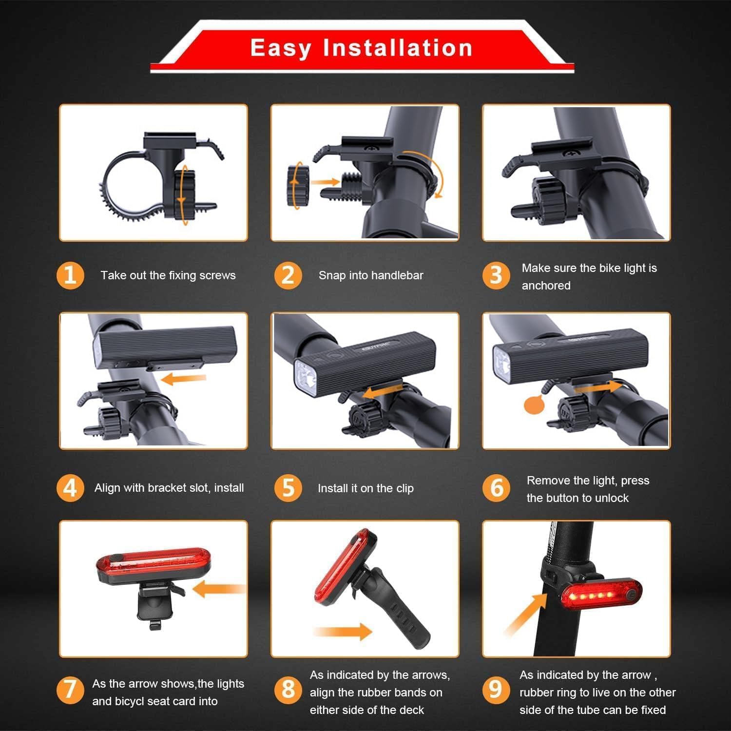 EBUYFIRE USB Rechargeable Bike Light Set - Super Bright LED Bicycle Headlight with 3/5 Modes, Waterproof Front Light & Taillight, Fits All Bikes Including Mountain and Road Bicycles - Image 7