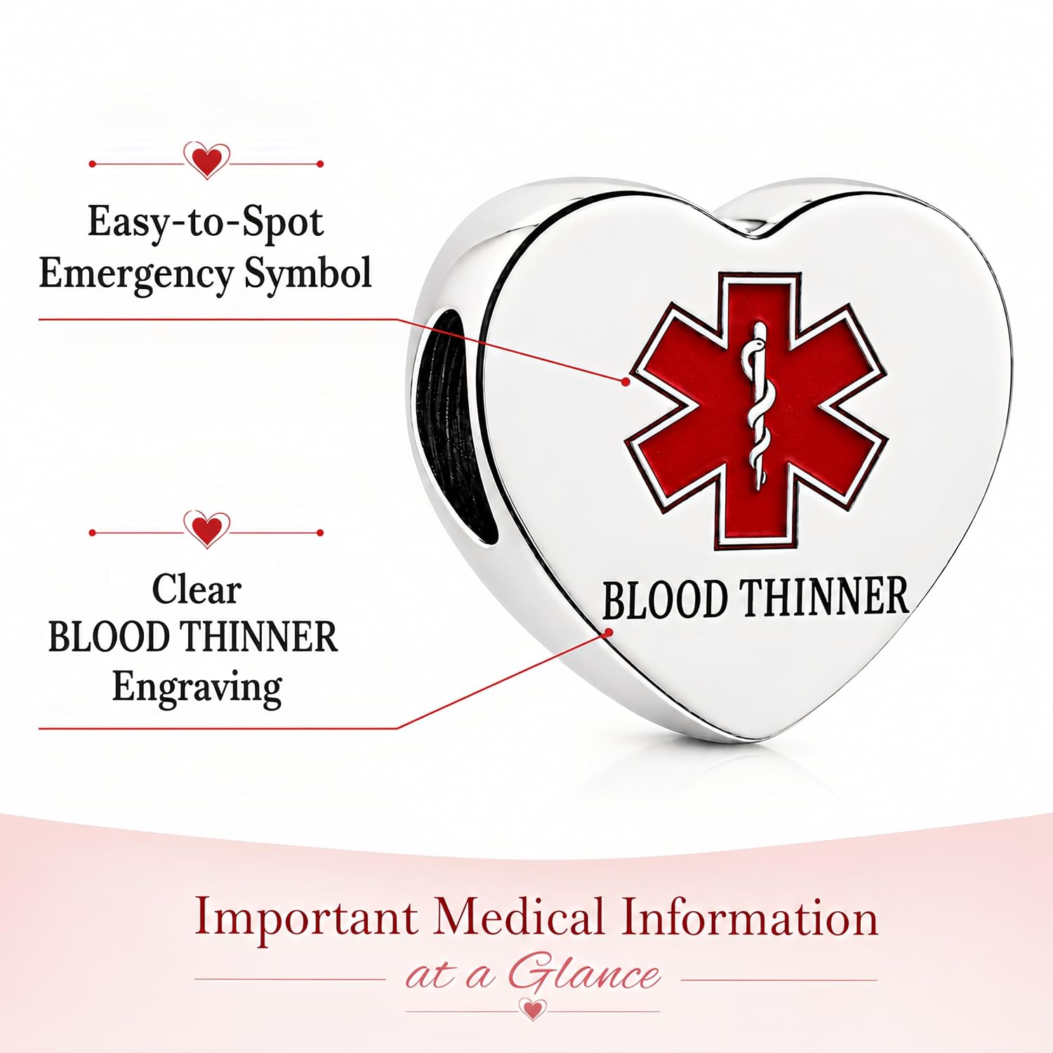 Medical Alert Heart Charm Compatible with Pandora Bracelet Women - Image 2